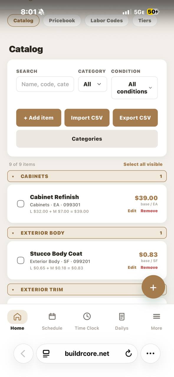 Cost catalog