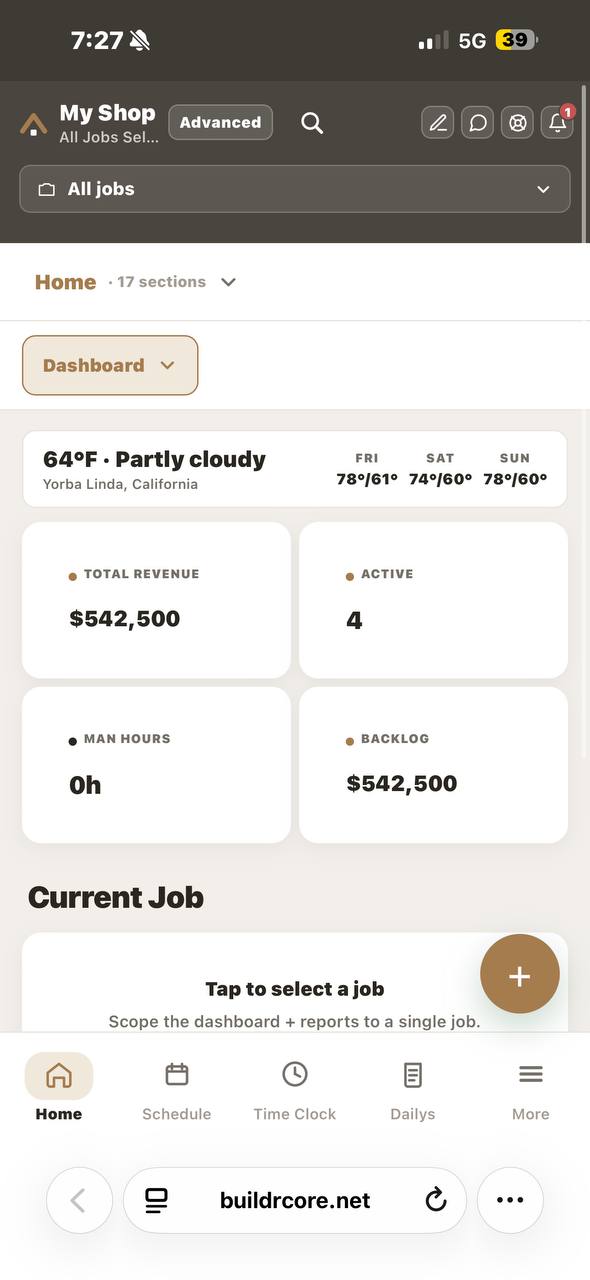 BUILDRCORE dashboard